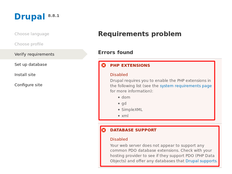 drupal php extensions error