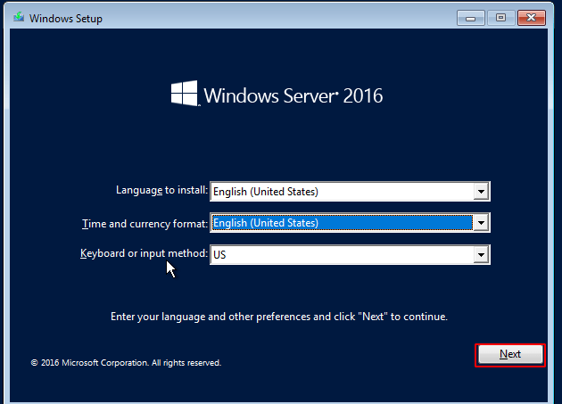 windows server 2016 install