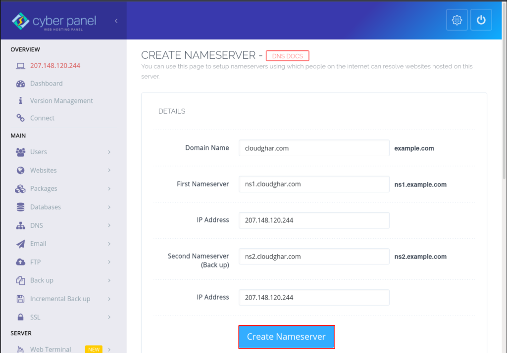CyberPanel NameServer Configure